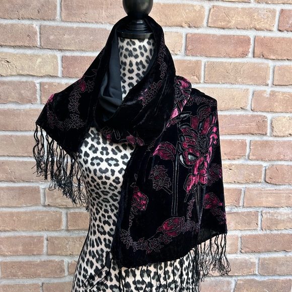 Silk Velvet Burnout Scarf  Wrap Whimsigoth Bohemian Maroon Black  68”x 20.5” - Picture 1 of 5